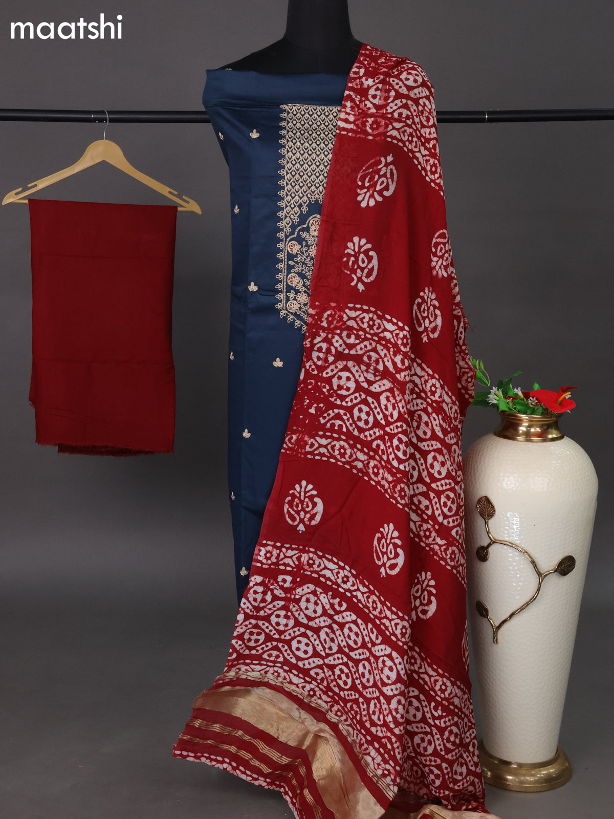 Cotton dress material peacock blue and maroon with embroidery work neck pattern and bottom & batik printed dupatta