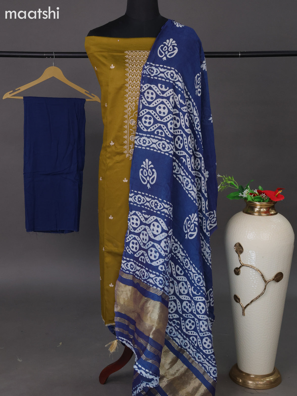 Cotton dress material mehendi green and blue with embroidery work neck pattern and bottom & batik printed dupatta