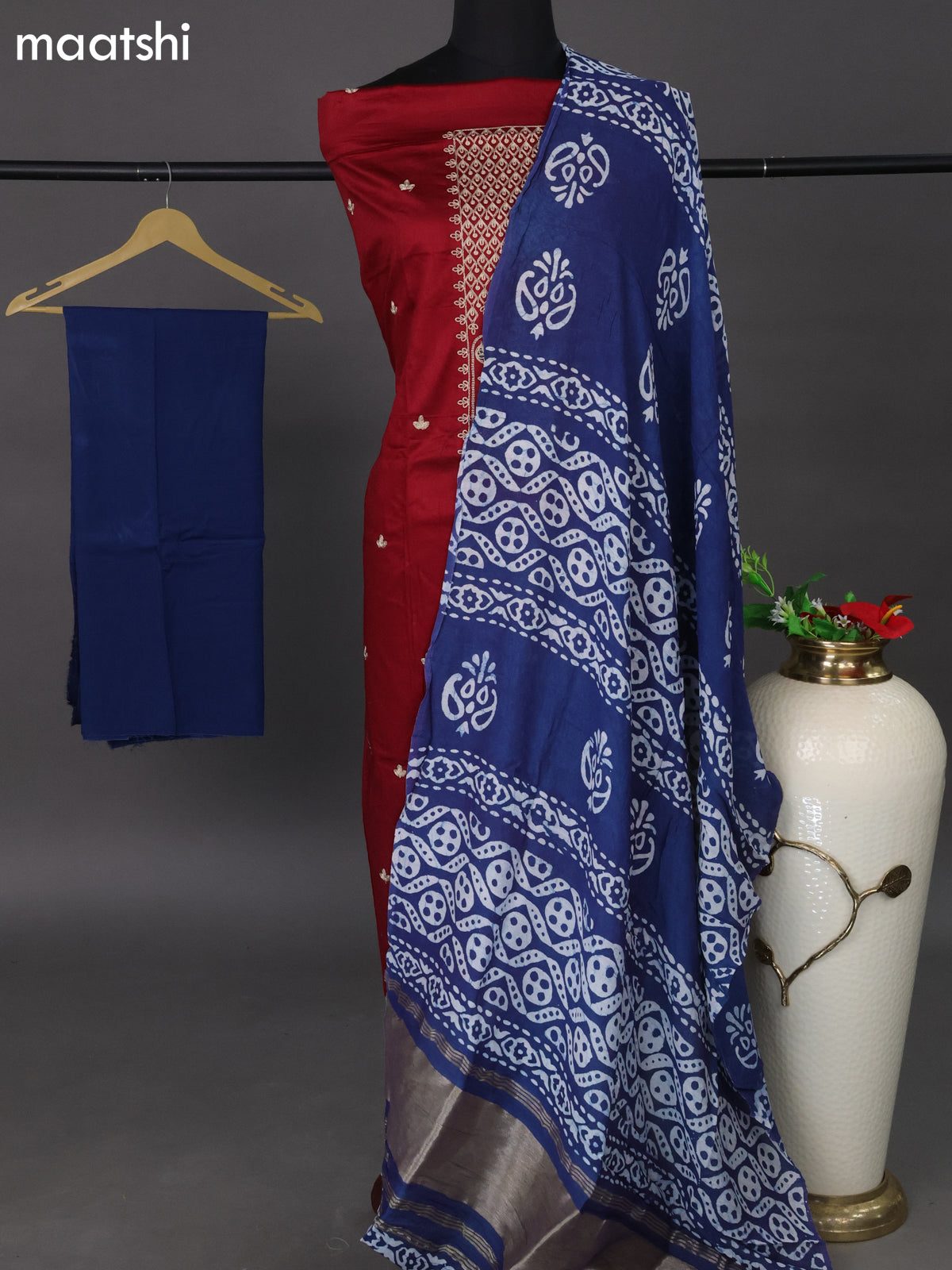 Cotton dress material red and dark blue with embroidery work neck pattern and bottom & batik printed dupatta