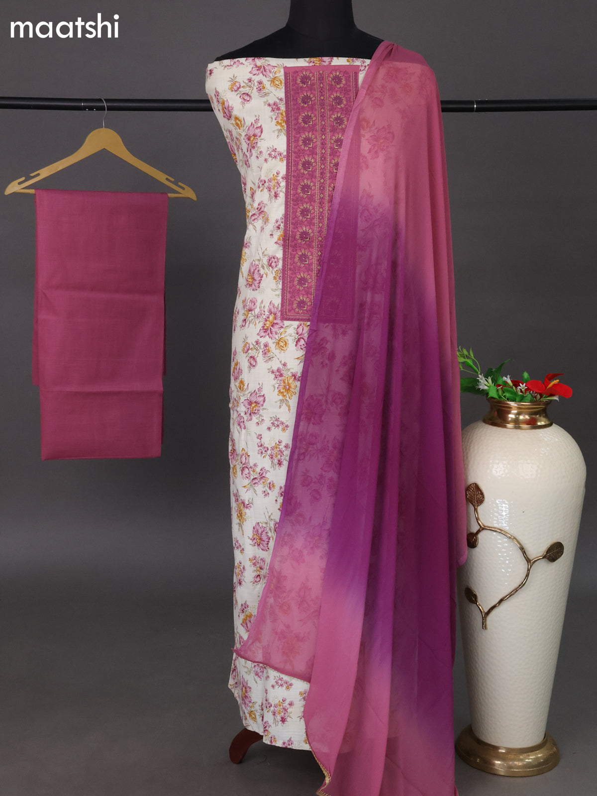 Cotton dress material off white and mauve pink with floral prints & embroidery work neck pattern and bottom & dupatta