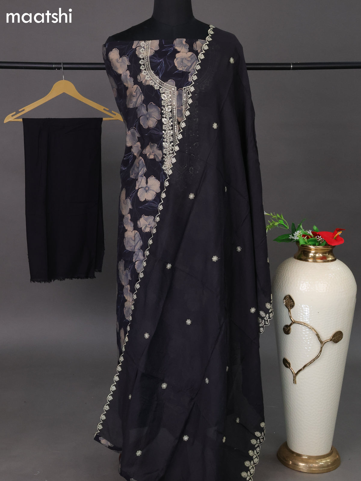 Muslin dress material navy blue with allover floral prints & embroidery neck pattern and bottom & dupatta