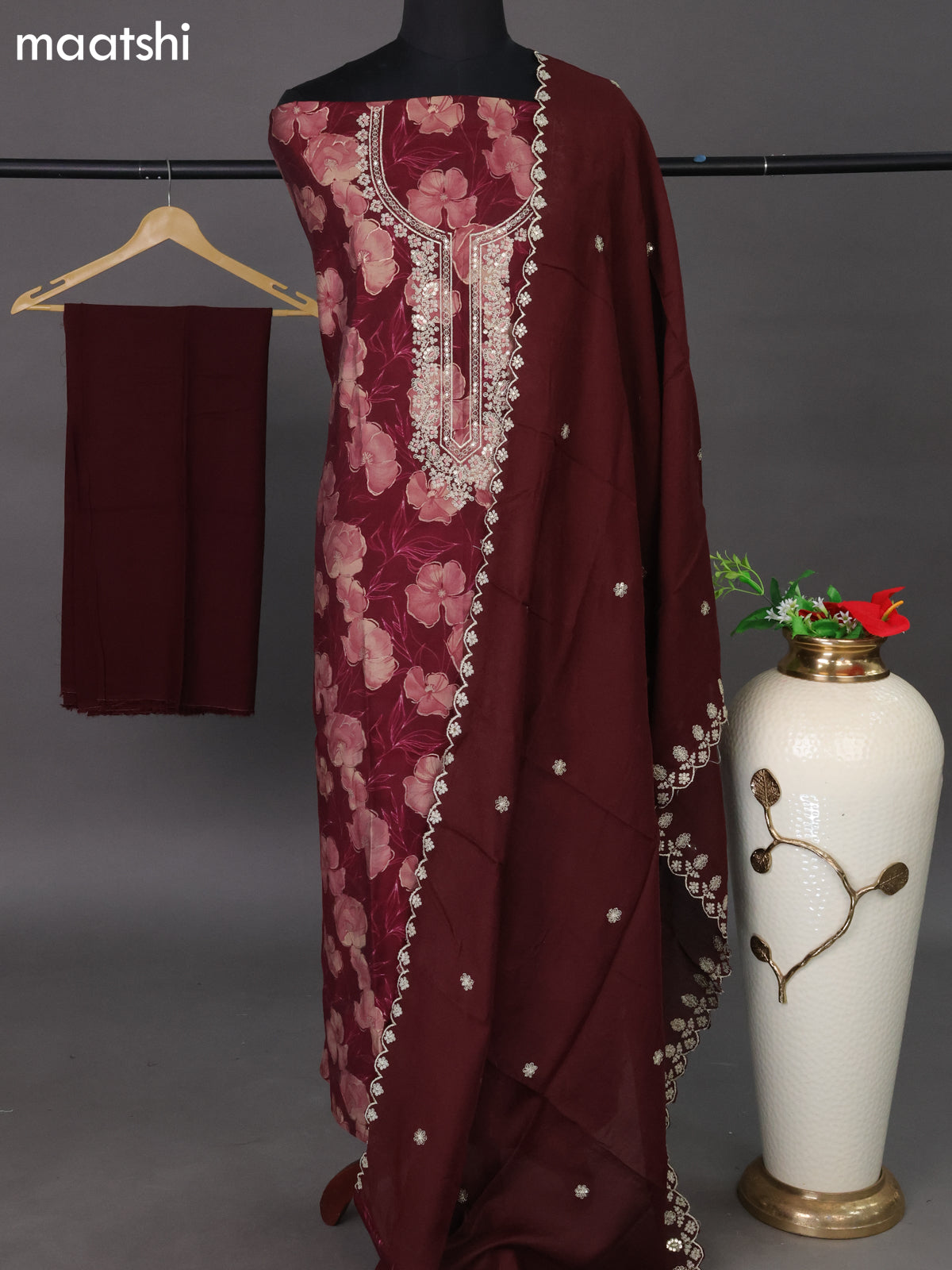 Muslin dress material deep maroon with allover floral prints & embroidery neck pattern and bottom & dupatta