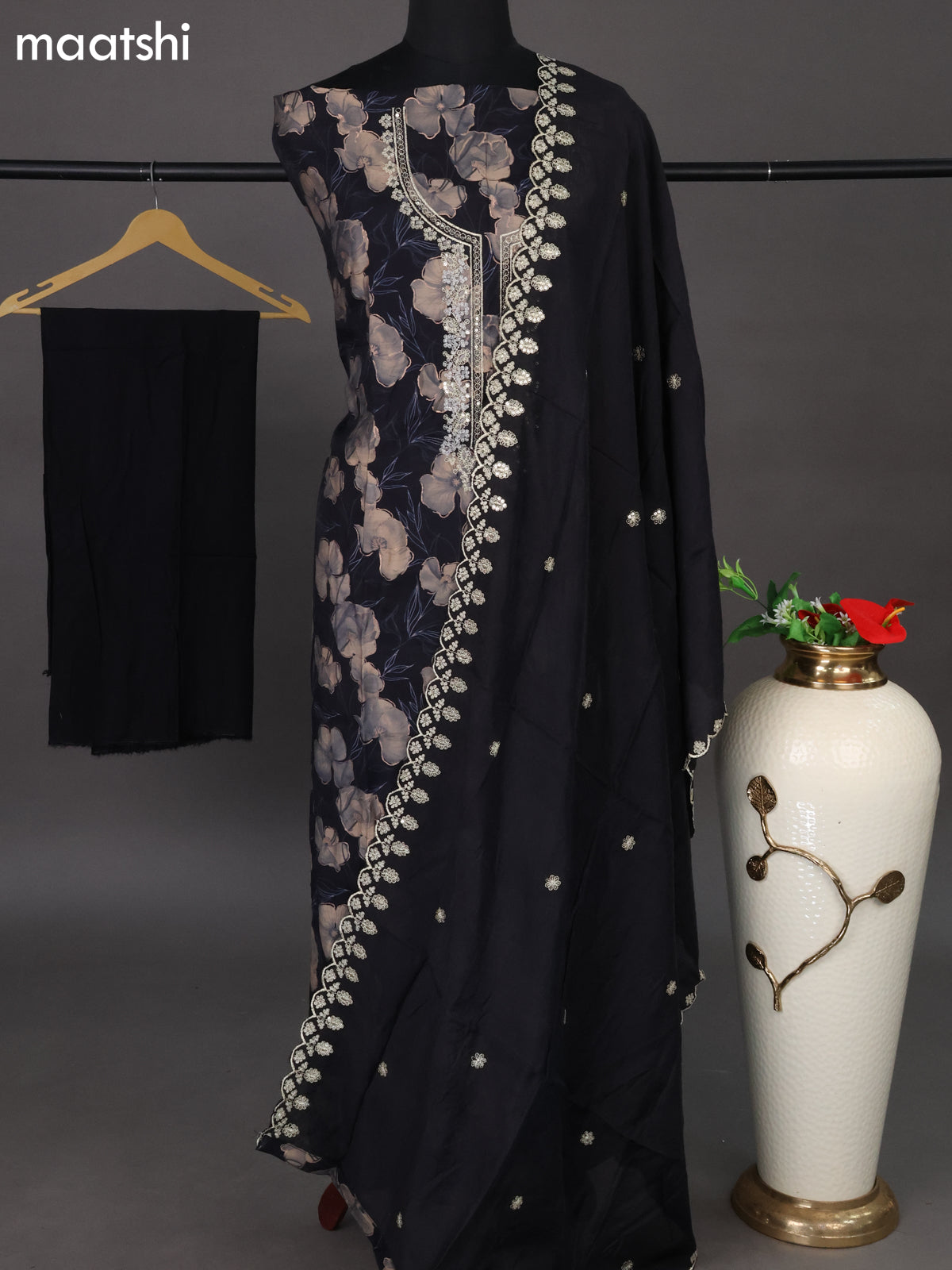 Muslin dress material dark navy blue and black with allover floral prints & embroidery neck pattern and bottom & dupatta