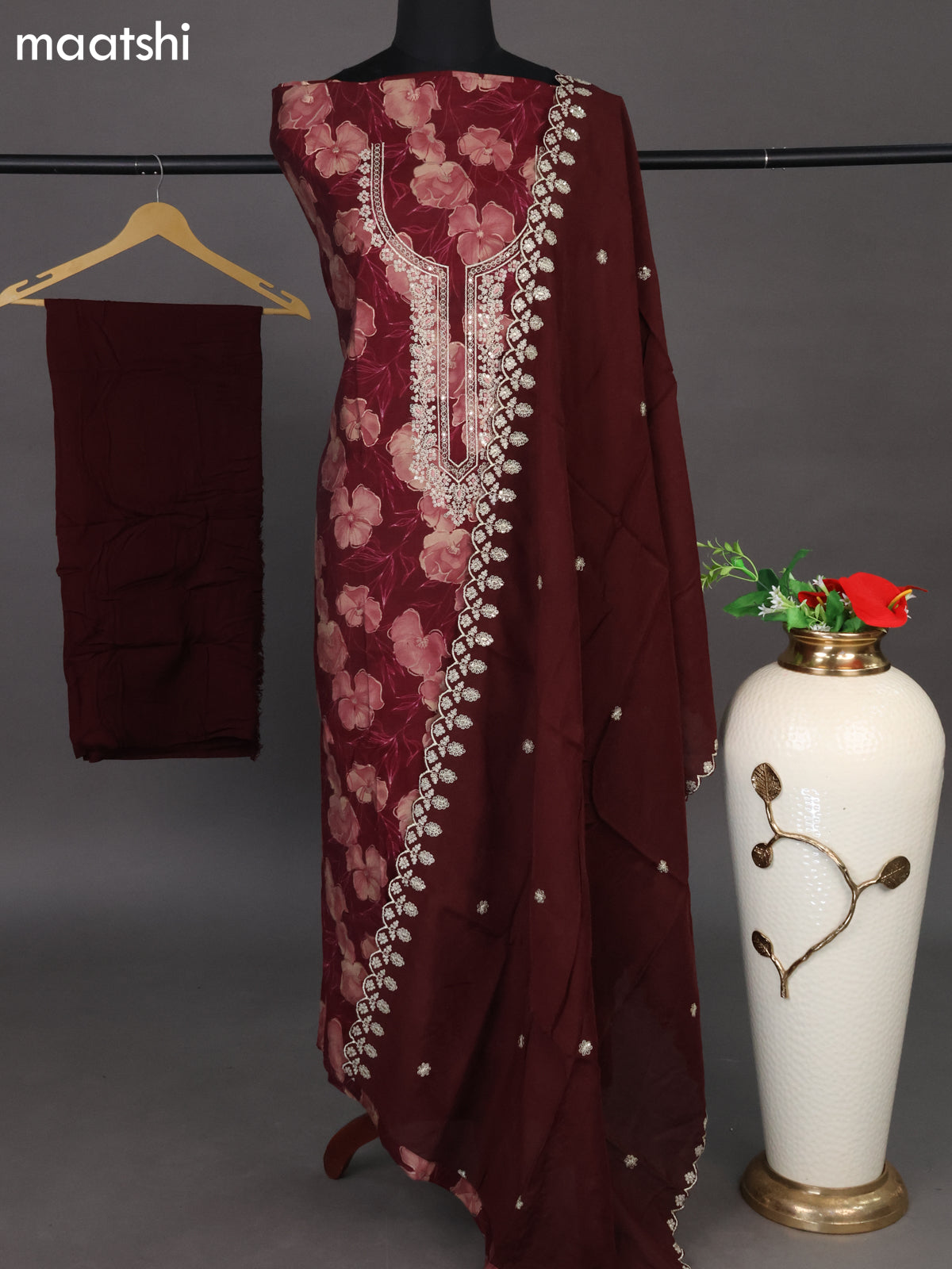 Muslin dress material deep maroon with allover floral prints & embroidery neck pattern and bottom & dupatta