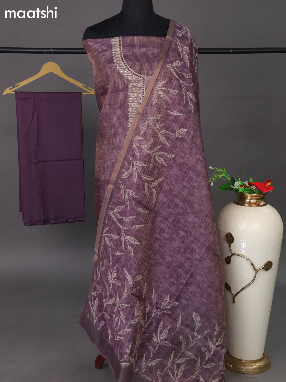 Tissue dress material deep jamun shade with embroidery sequin work neck pattern and bottom & tissue linen dupatta