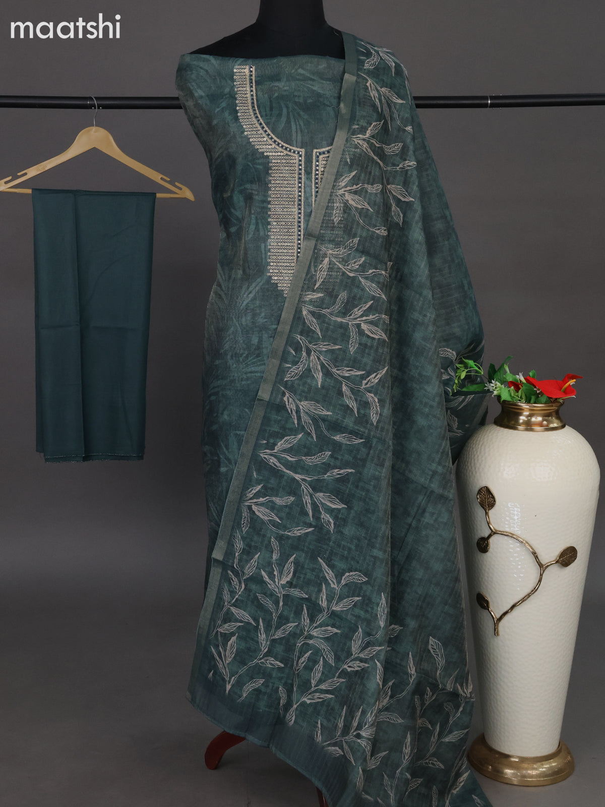 Tissue dress material dark peacock blue with embroidery sequin work neck pattern and bottom & tissue linen dupatta