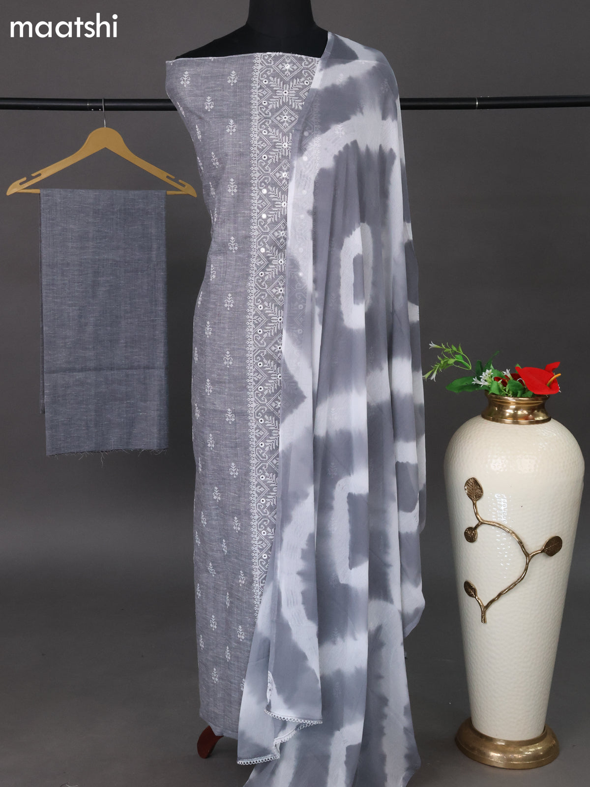 Cotton dress material grey with embroidery work buttas and bottom & chiffon dupatta