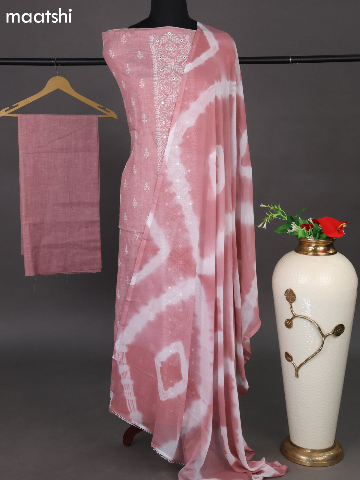 Cotton dress material pastel maroon shade with embroidery work buttas and bottom & chiffon dupatta