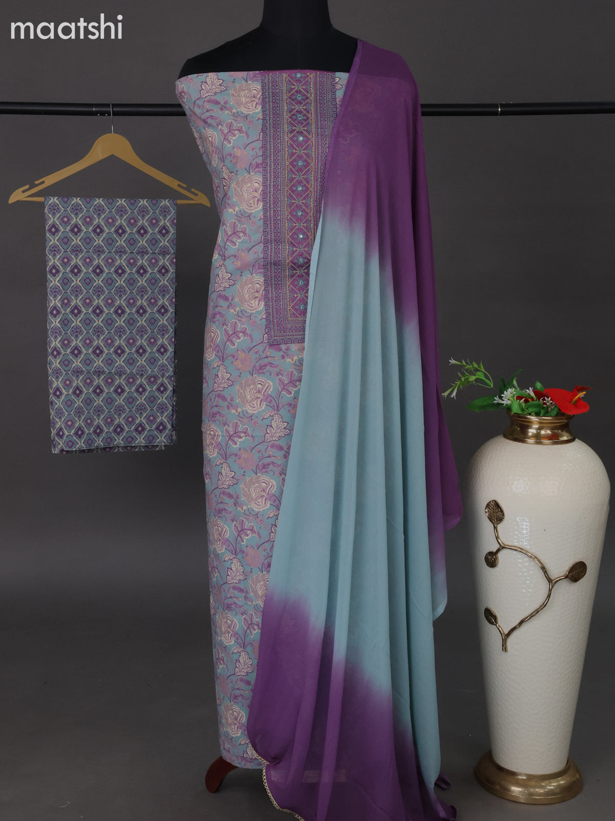 Cotton dress material pastel grey and mild purple with kalamkari prints & embroidery work neck pattern and bottom & chiffon dupatta