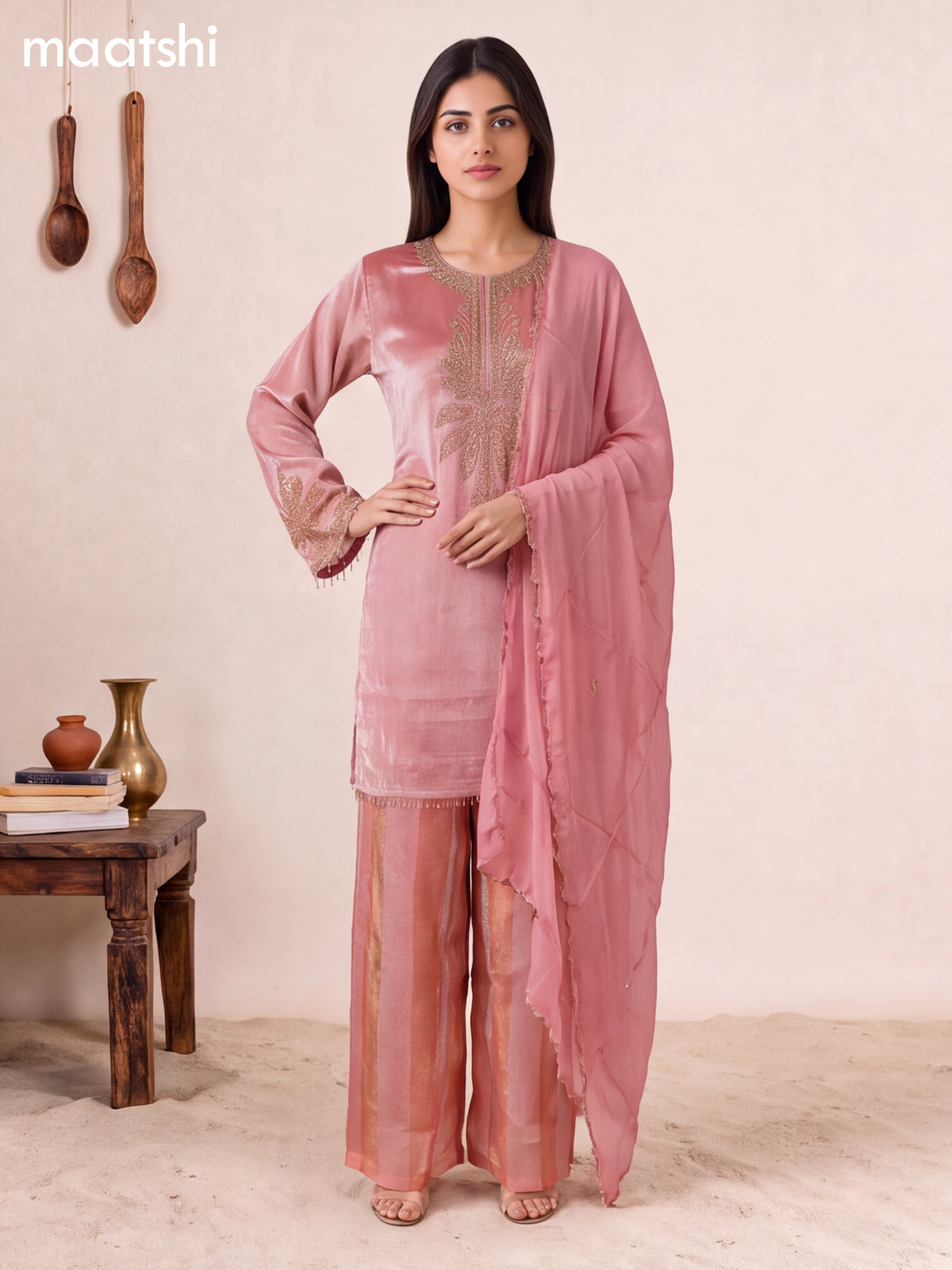 Peach Pink Tissue Embroidery Work Short Straight Suit