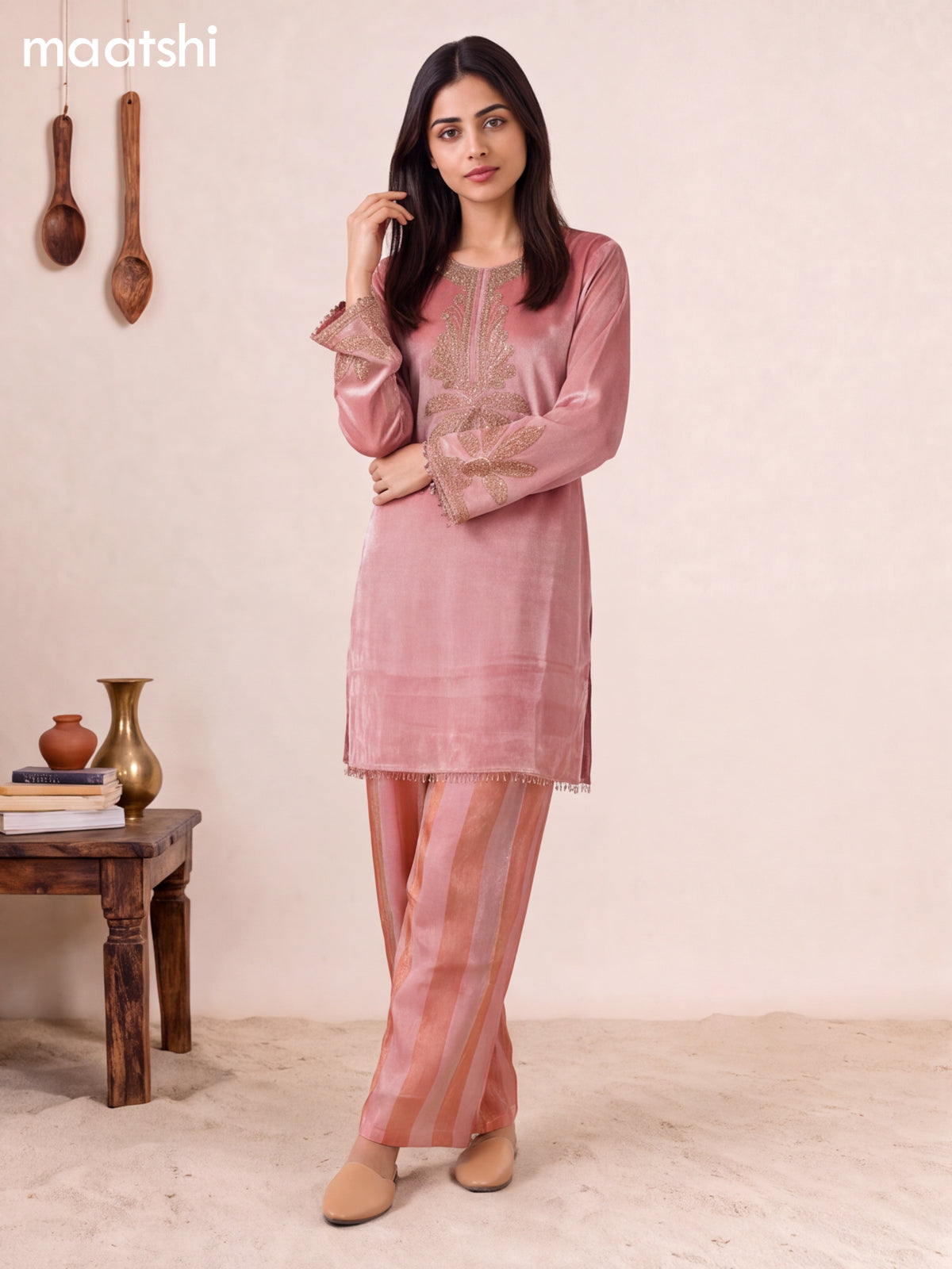 Peach Pink Tissue Embroidery Work Short Straight Suit