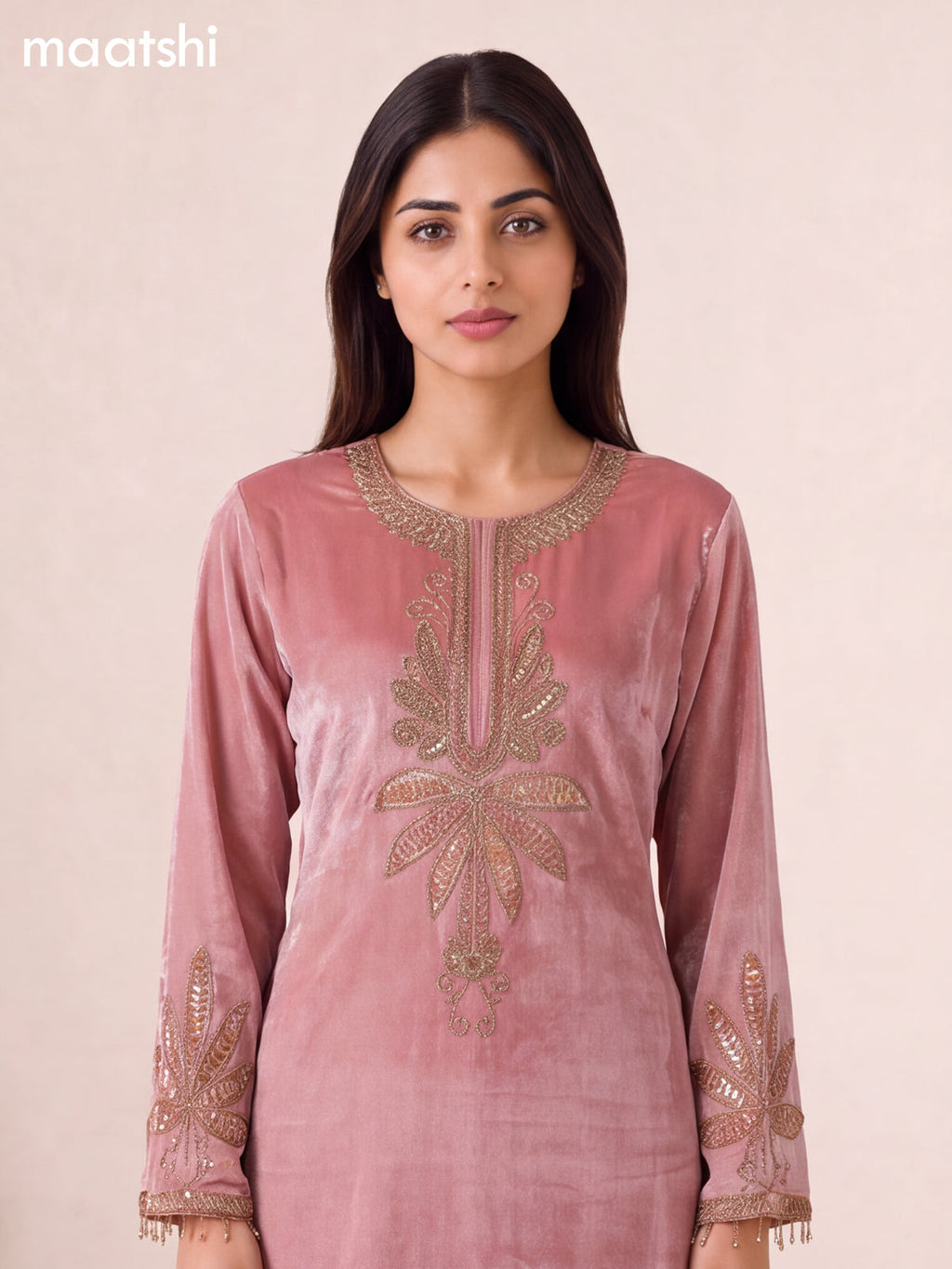 Peach Pink Tissue Embroidery Work Short Straight Suit