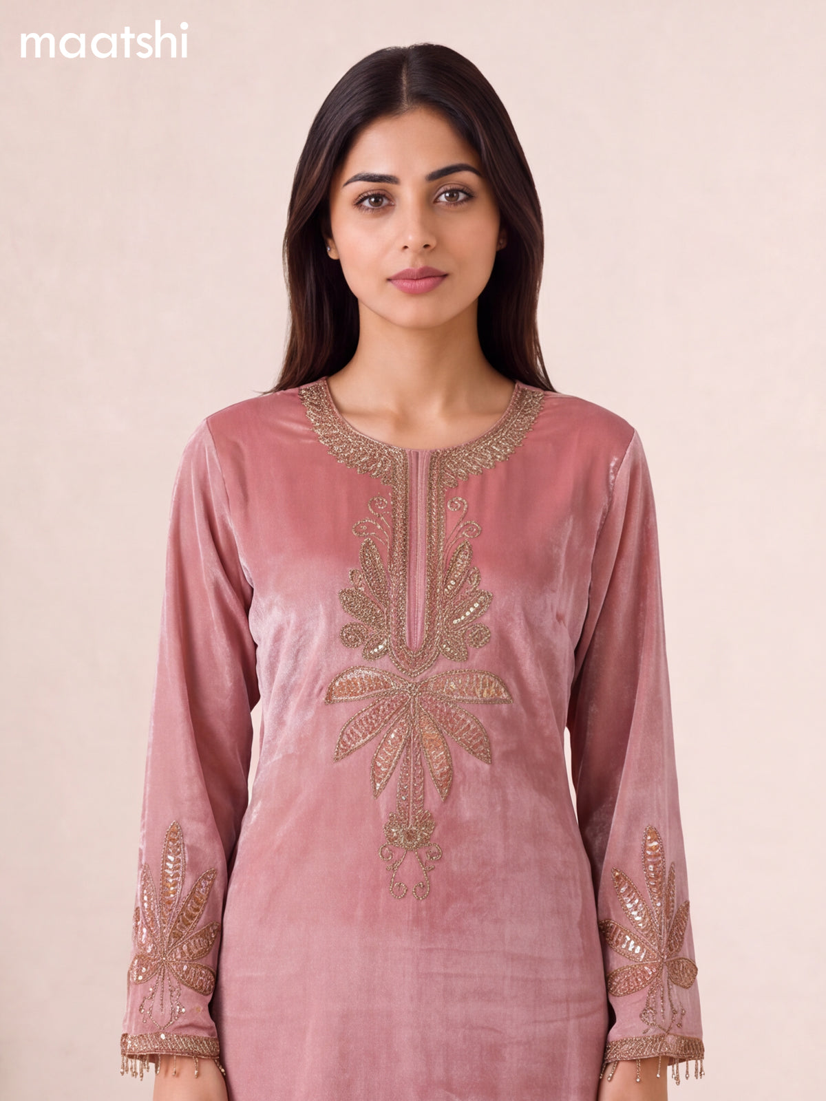 Peach Pink Tissue Embroidery Work Short Straight Suit