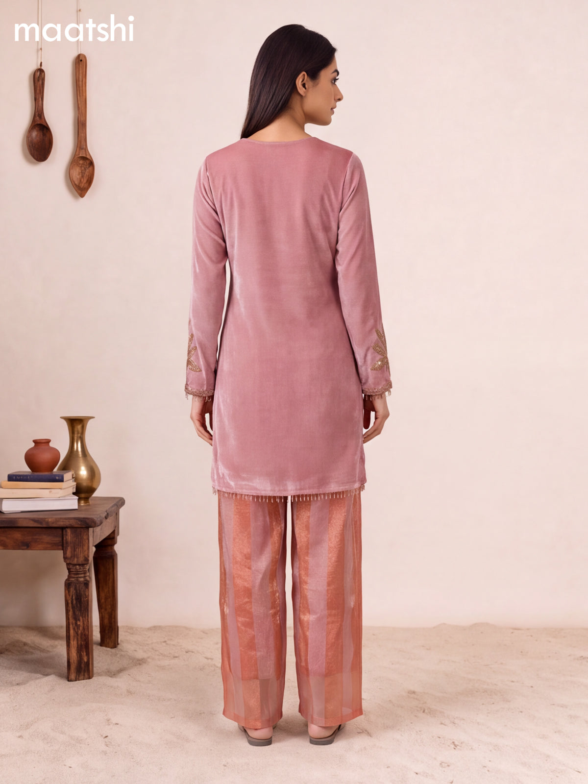 Peach Pink Tissue Embroidery Work Short Straight Suit