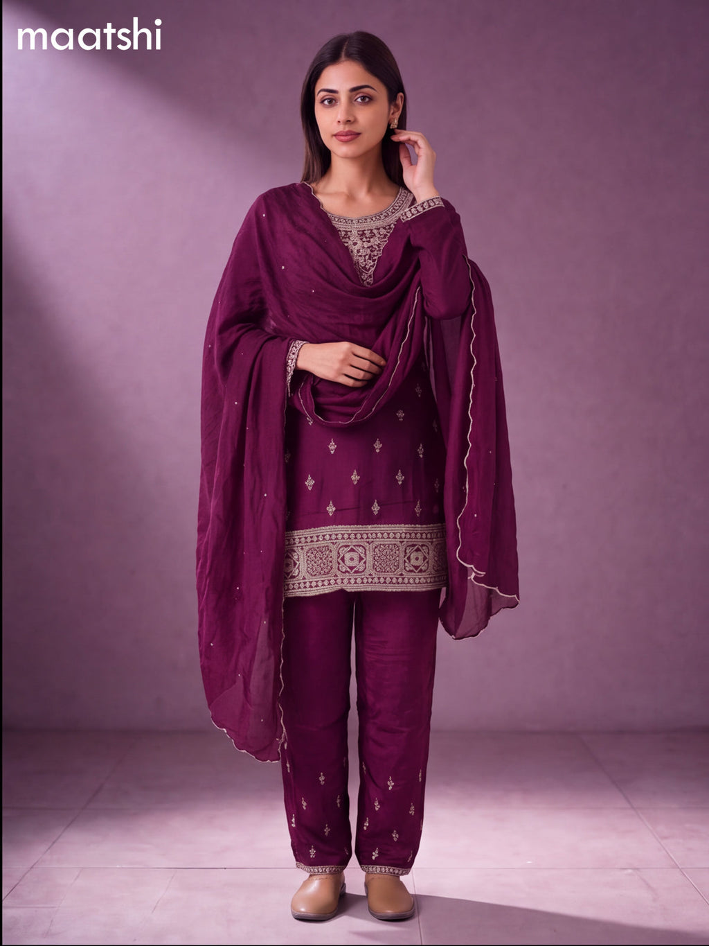 Purple Art Silk With Allover Zardosi Work Straight Suit