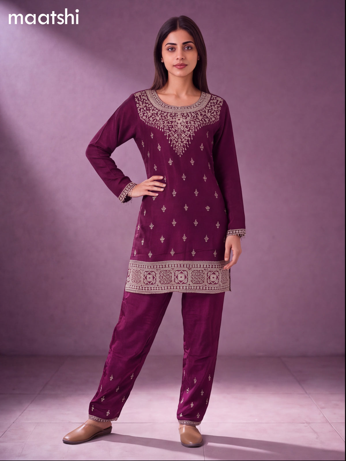 Purple Art Silk With Allover Zardosi Work Straight Suit