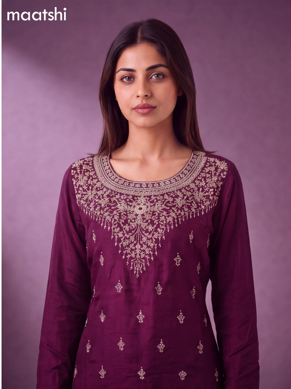 Purple Art Silk With Allover Zardosi Work Straight Suit