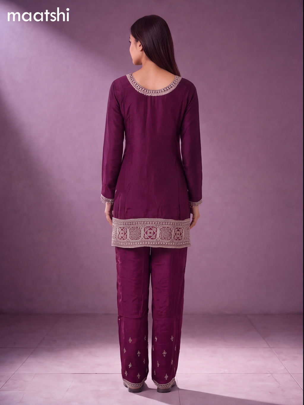 Purple Art Silk With Allover Zardosi Work Straight Suit