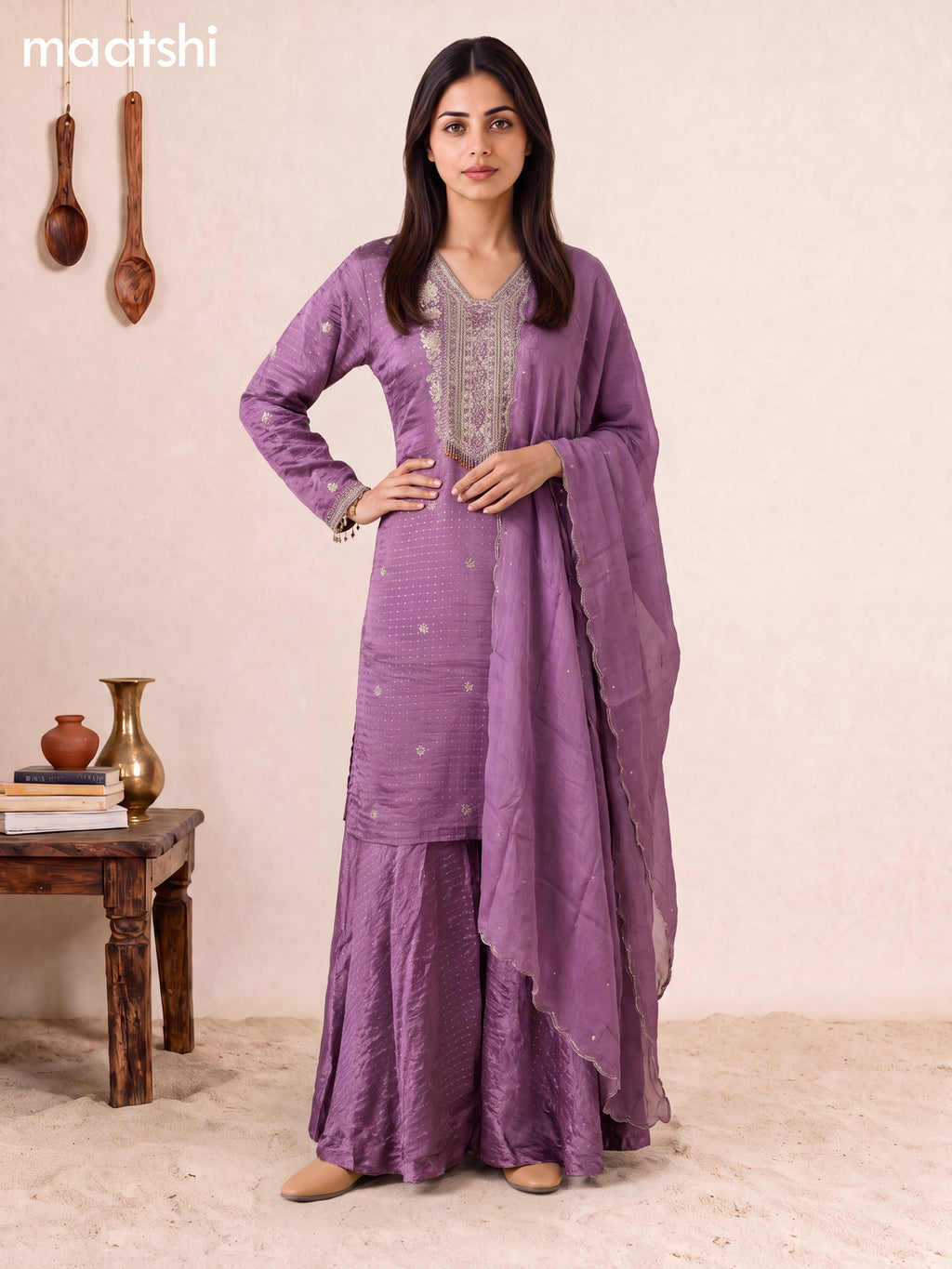 Lavender Art Silk Embroidery Work Straight Suit
