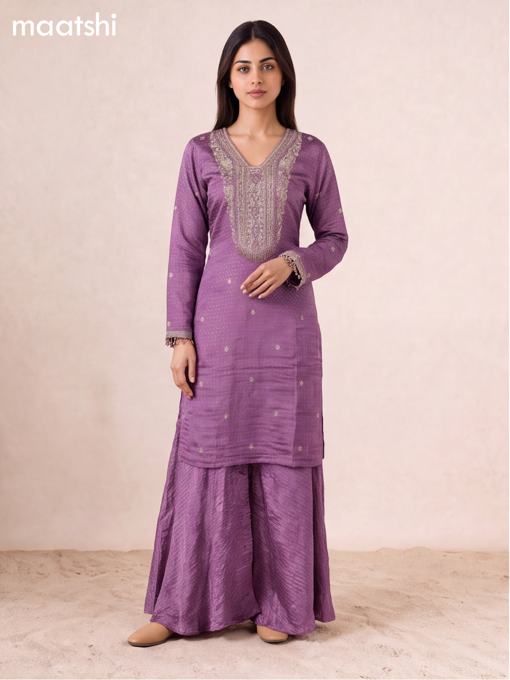 Lavender Art Silk Embroidery Work Straight Suit