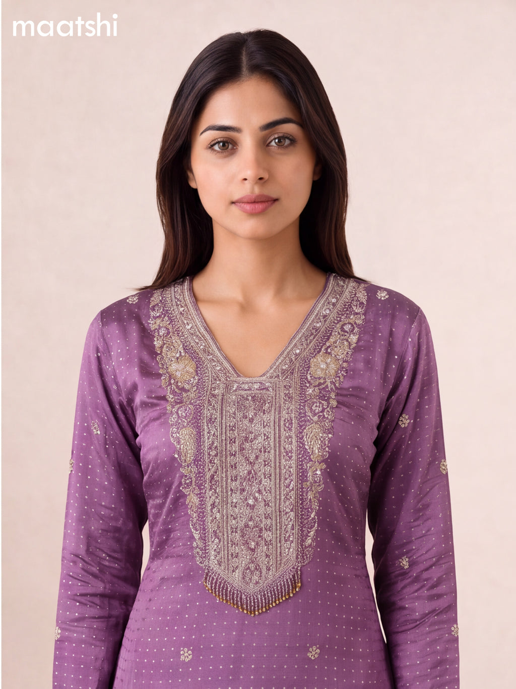Lavender Art Silk Embroidery Work Straight Suit