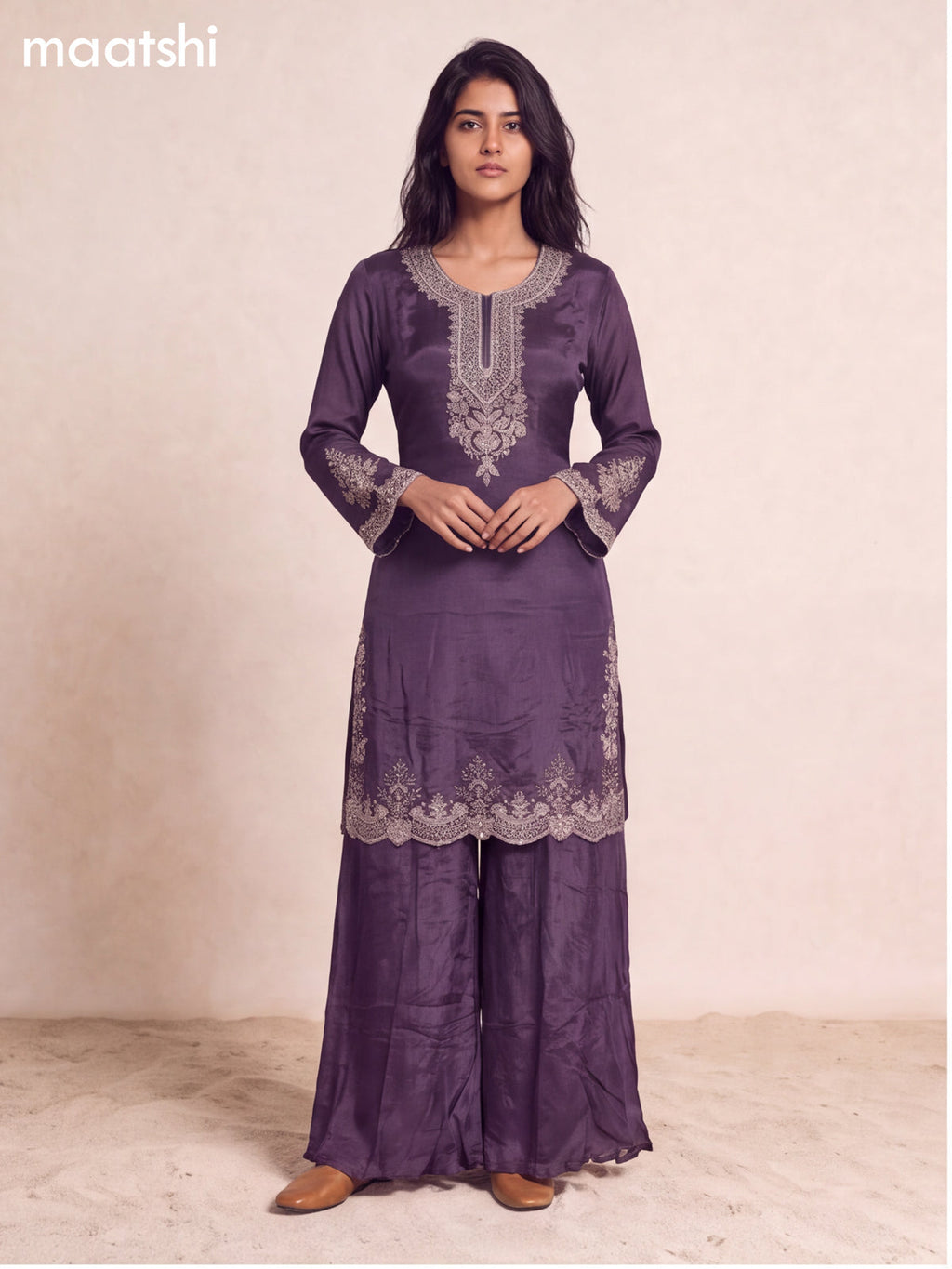 Violet Art Silk With Embroidery Work Straight Suit