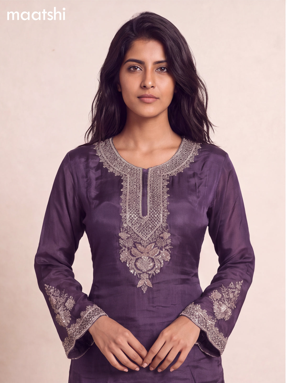 Violet Art Silk With Embroidery Work Straight Suit