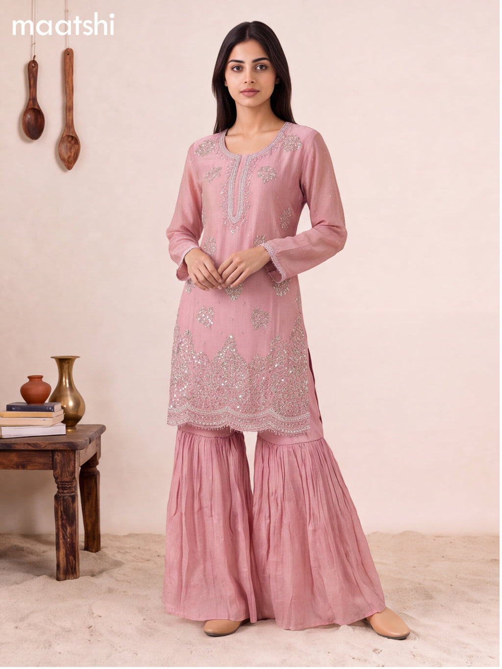 Pink Tissue Embroidery Work Short Straight Suit