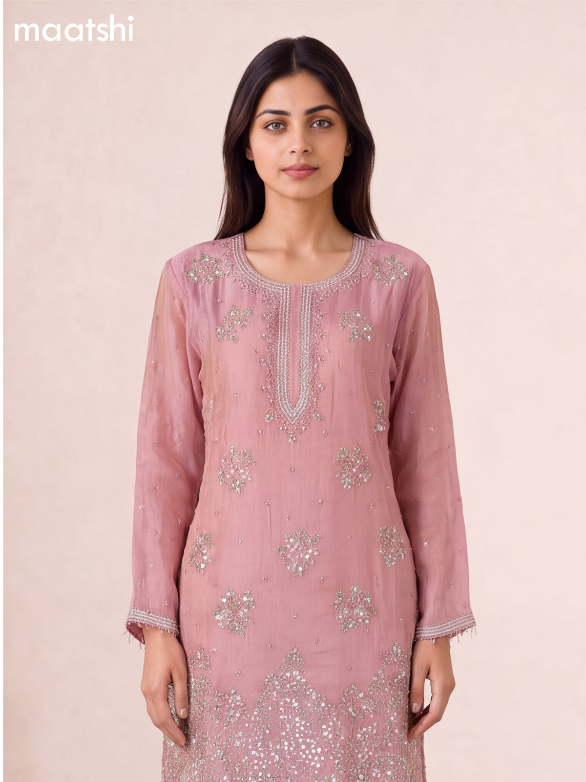 Pink Tissue Embroidery Work Short Straight Suit