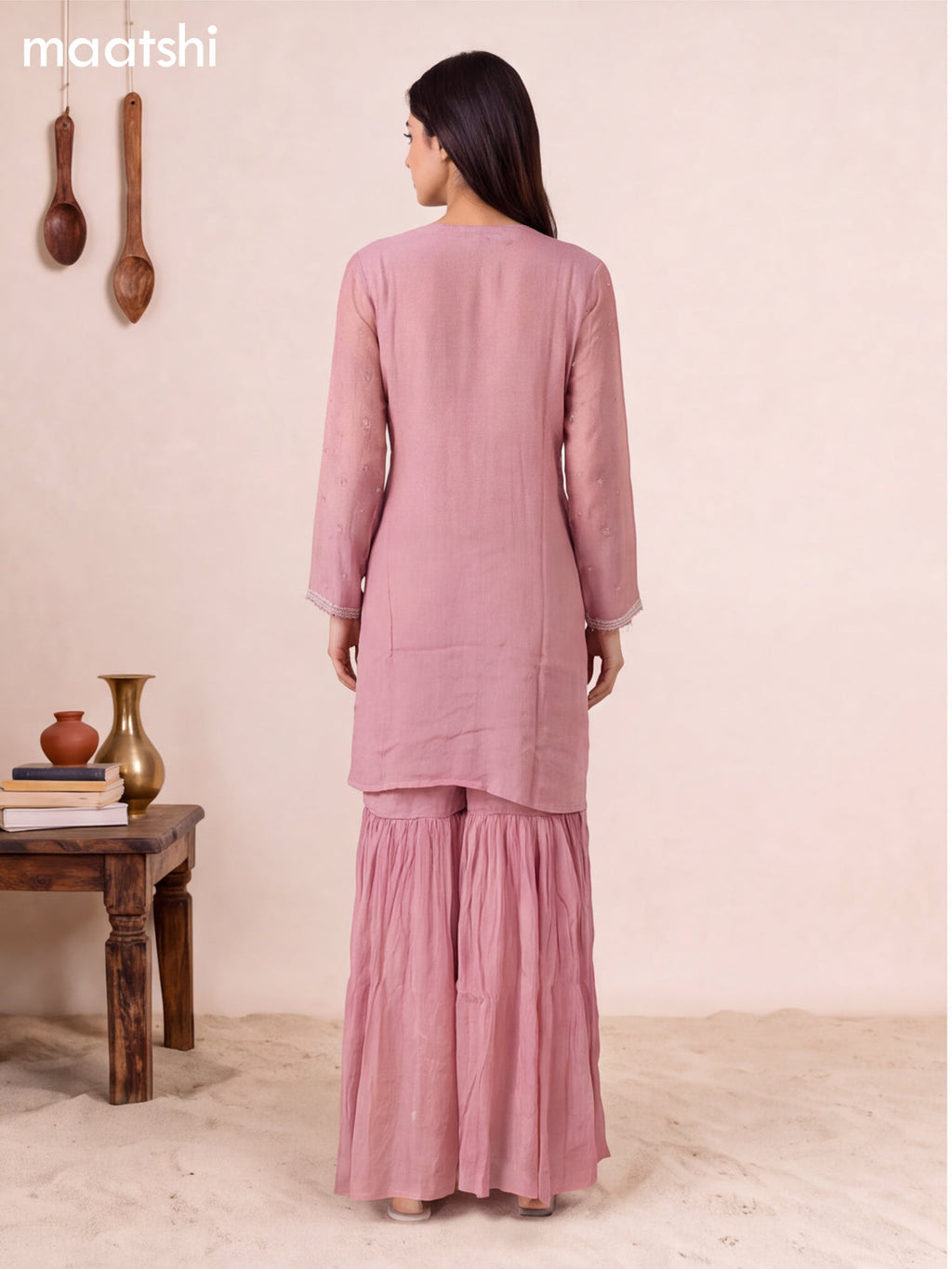 Pink Tissue Embroidery Work Short Straight Suit