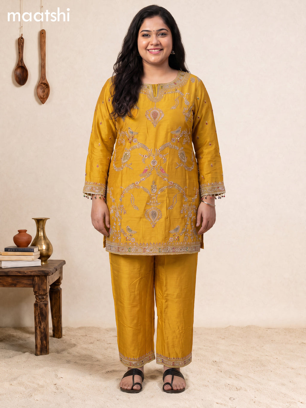 Mustard Yellow Art Silk With Embroidery Work Straight Suit