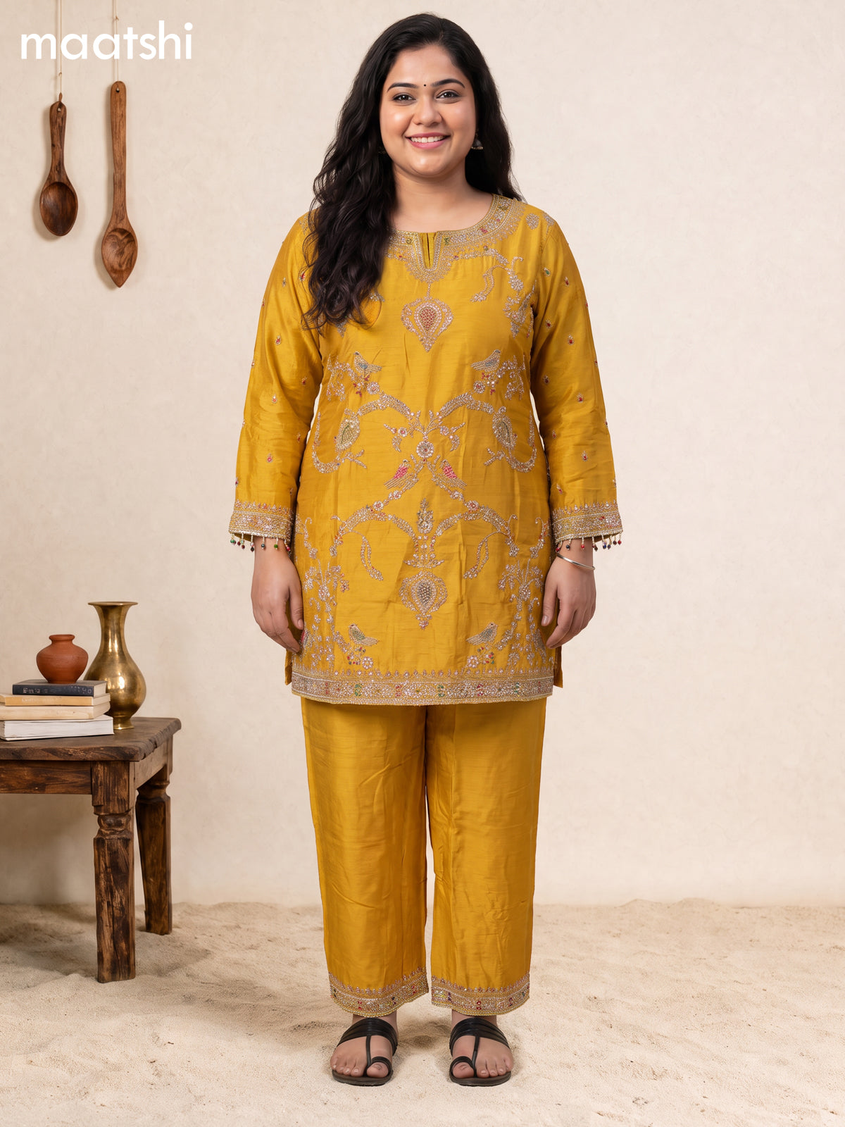 Mustard Yellow Art Silk With Embroidery Work Straight Suit