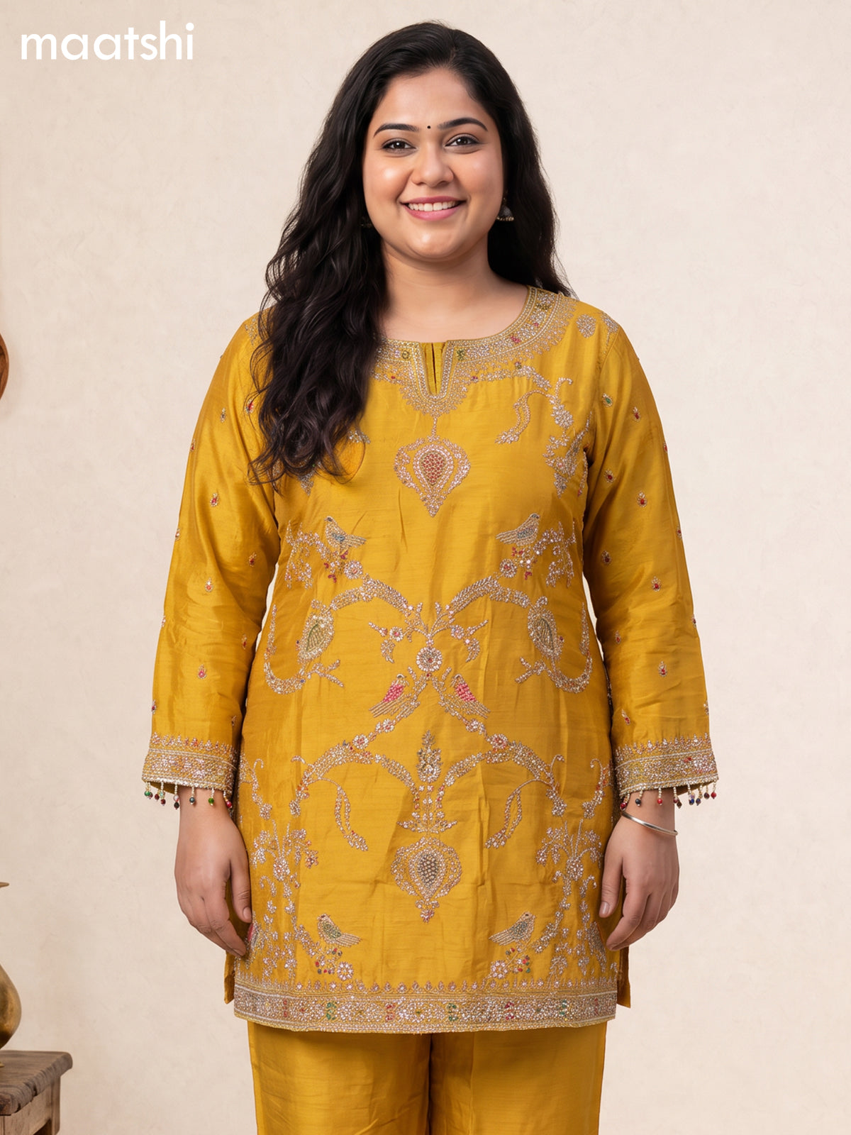 Mustard Yellow Art Silk With Embroidery Work Straight Suit