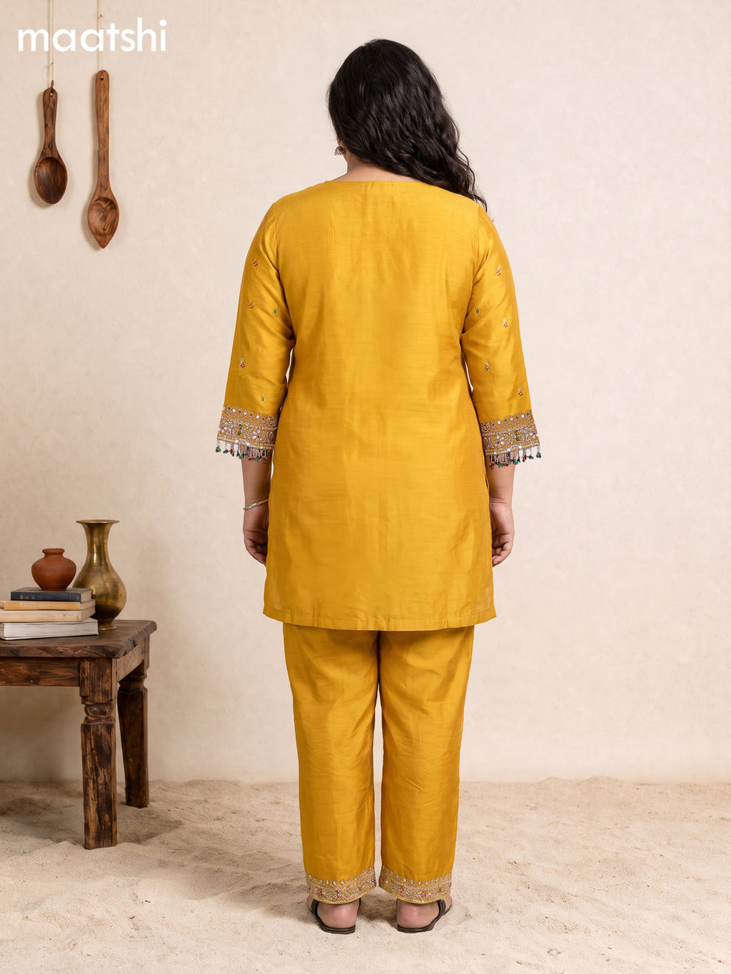 Mustard Yellow Art Silk With Embroidery Work Straight Suit