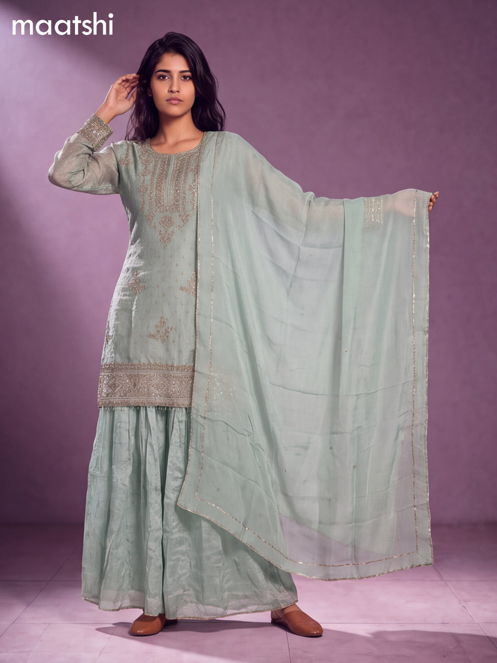 Pastel Green Tissue Embroidery Work Short Straight Suit