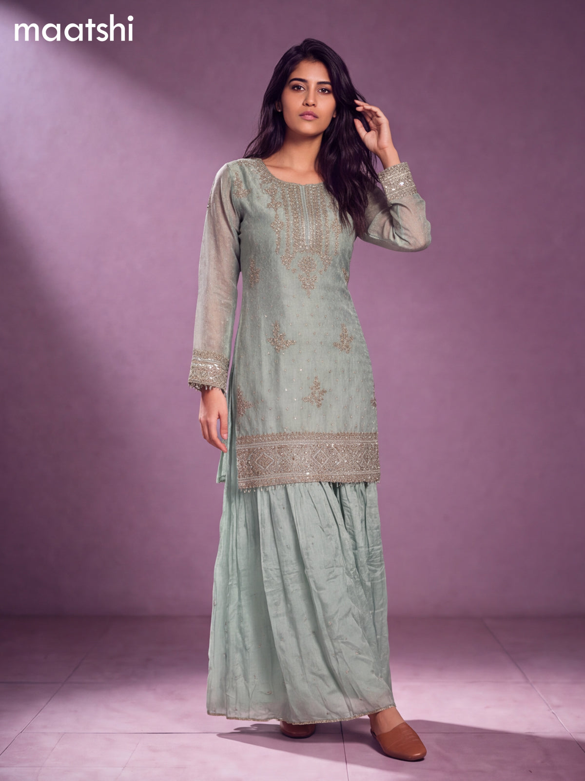 Pastel Green Tissue Embroidery Work Short Straight Suit