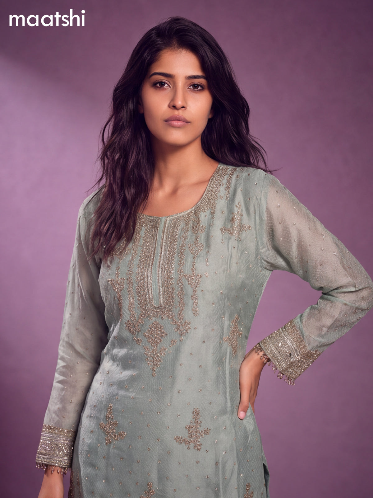 Pastel Green Tissue Embroidery Work Short Straight Suit
