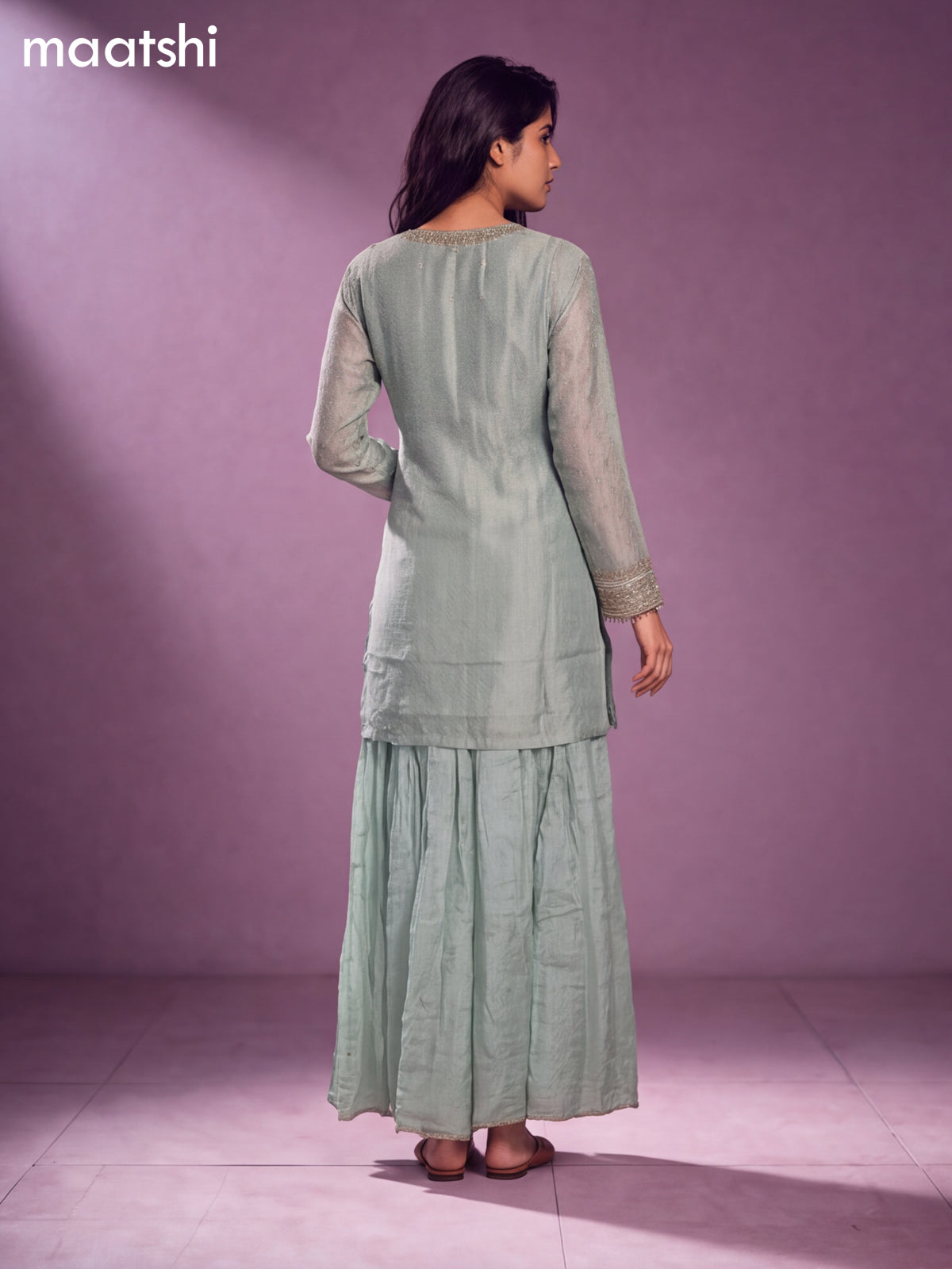 Pastel Green Tissue Embroidery Work Short Straight Suit