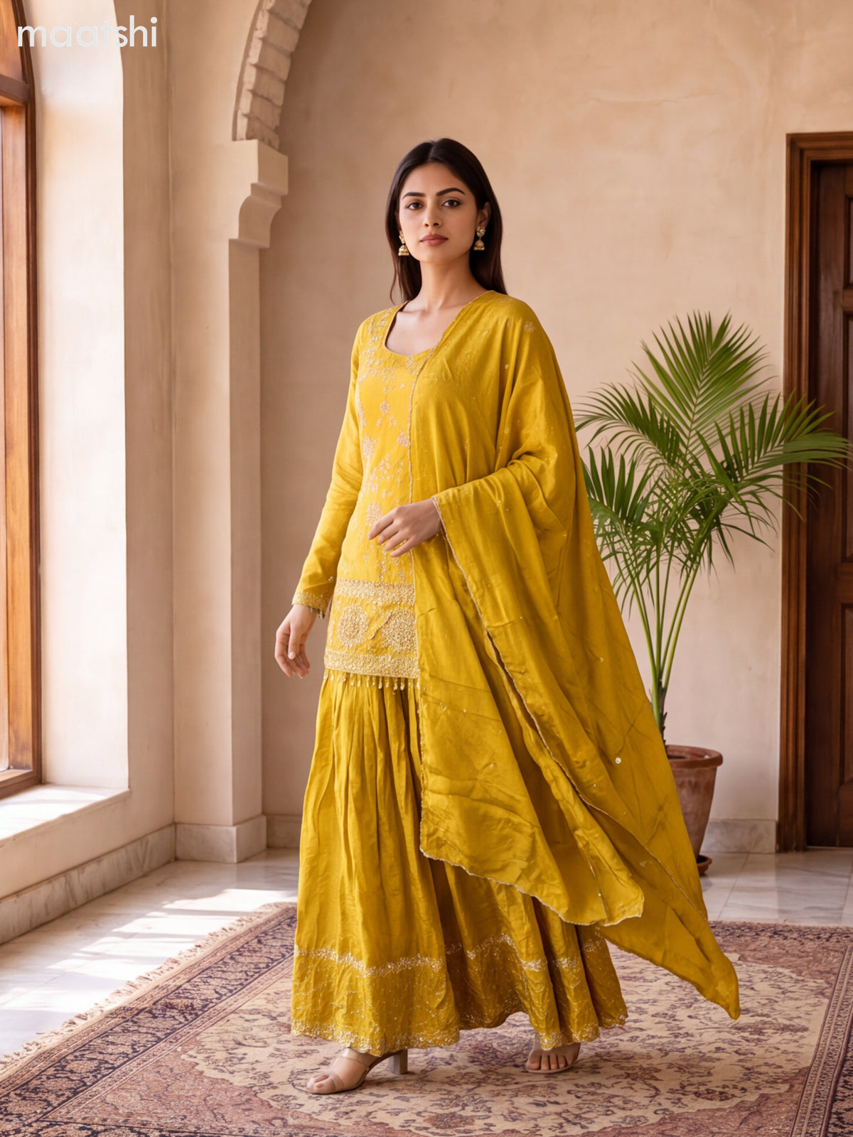Yellow Art Silk Elegant Heavy Embroidery Work Short Straight Suit