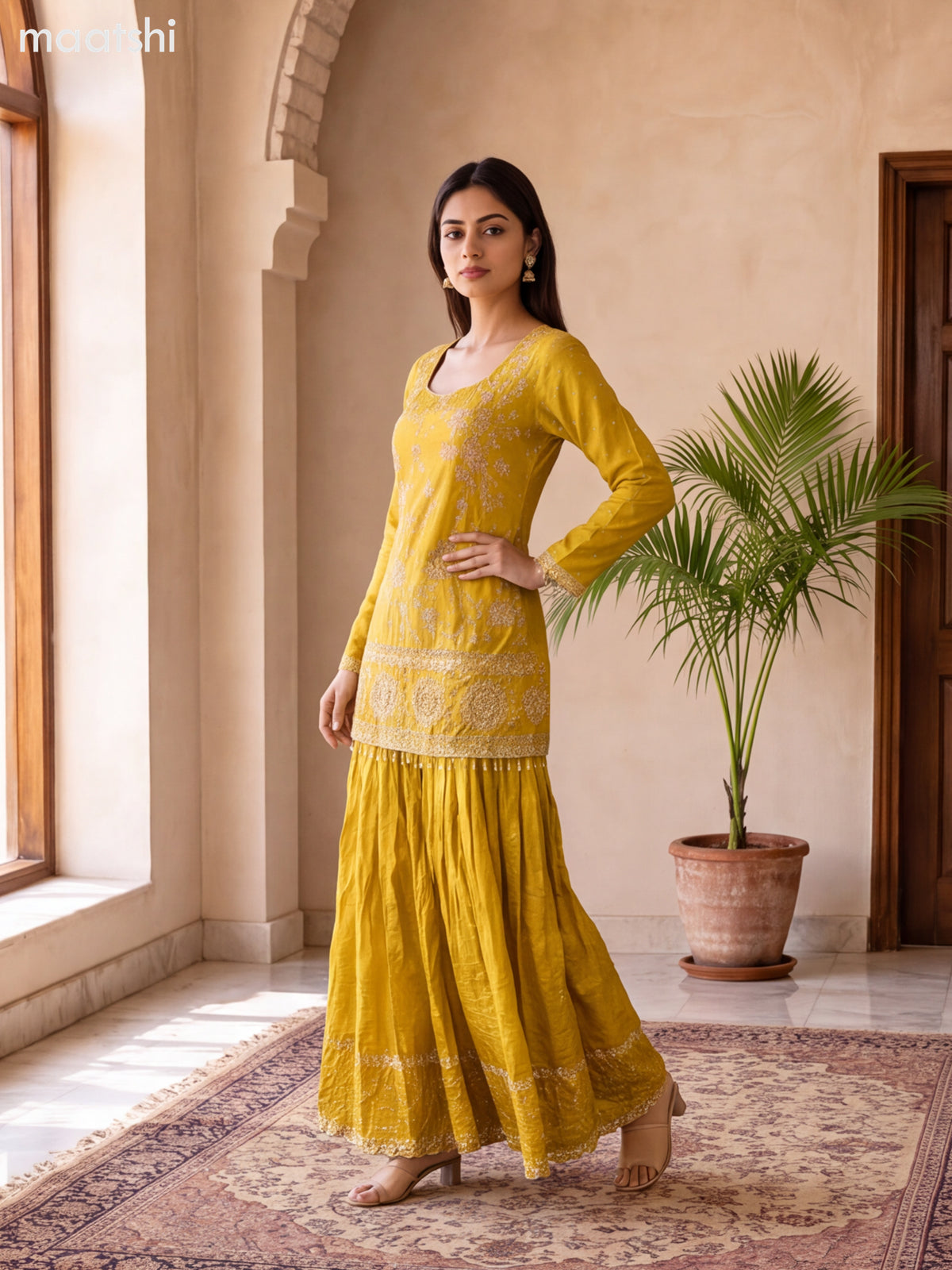 Yellow Art Silk Elegant Heavy Embroidery Work Short Straight Suit