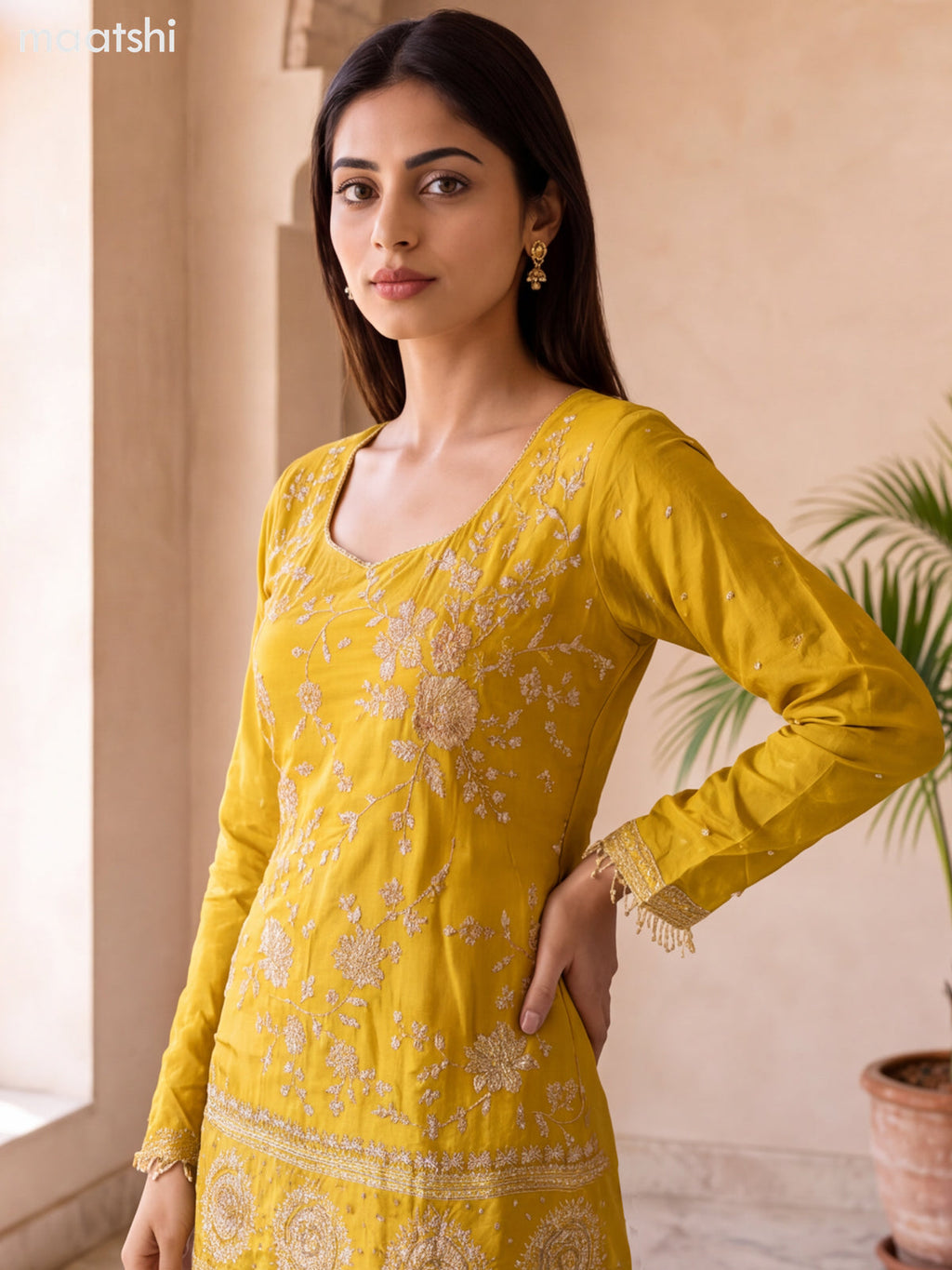 Yellow Art Silk Elegant Heavy Embroidery Work Short Straight Suit