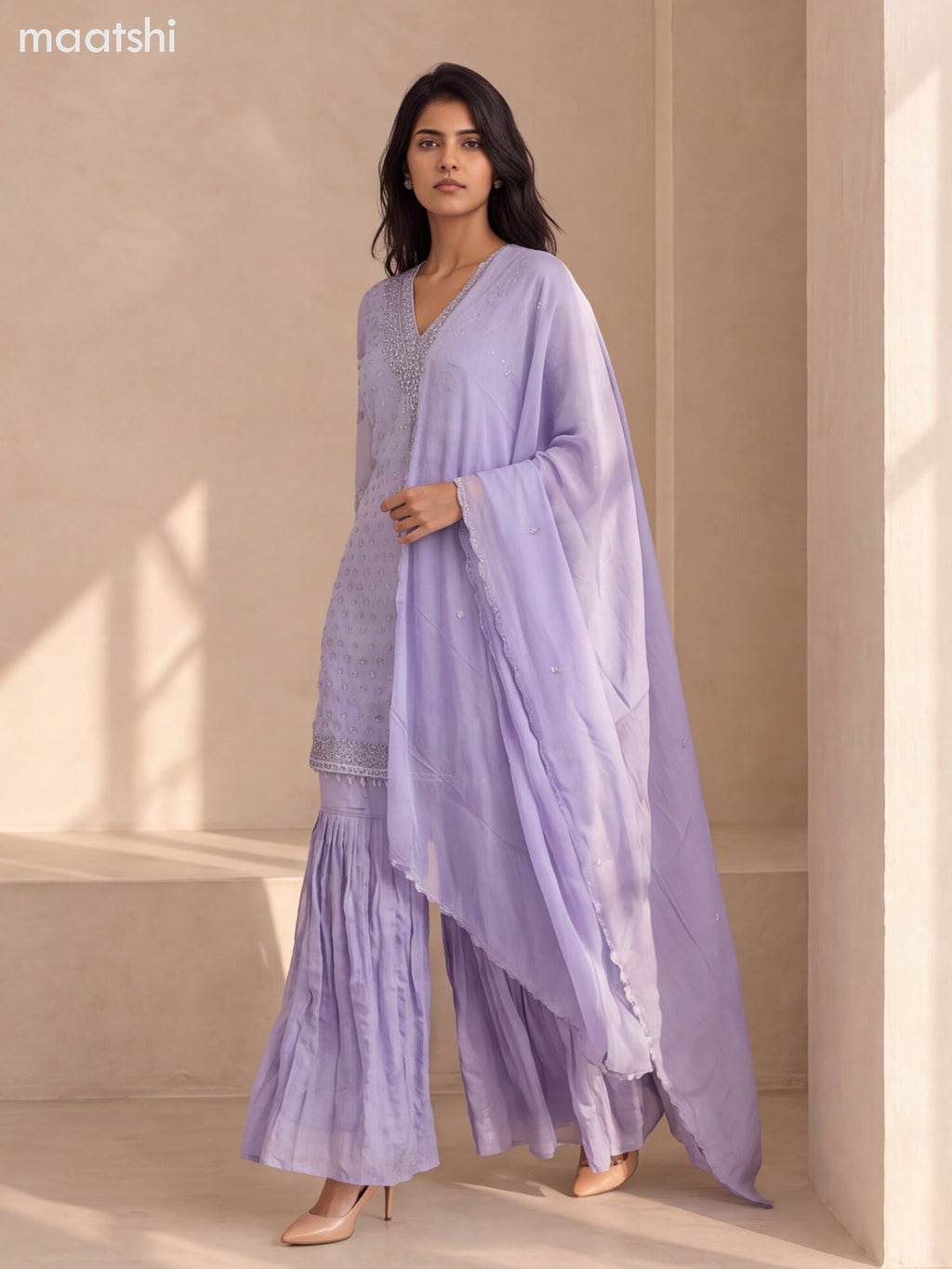 Lavender Shade Art Silk Elegant Heavy Embroidery Work Short Straight Suit