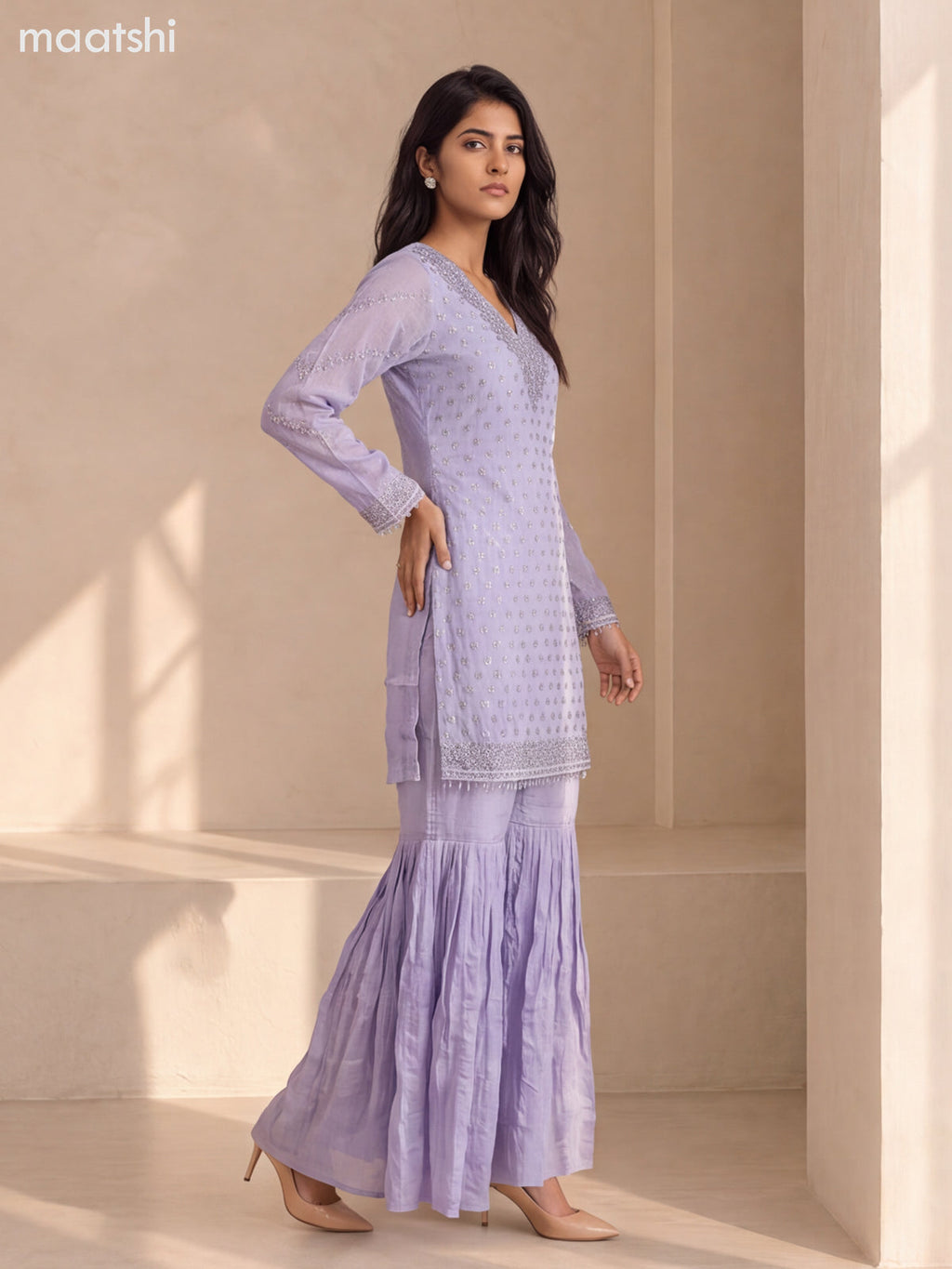 Lavender Shade Art Silk Elegant Heavy Embroidery Work Short Straight Suit