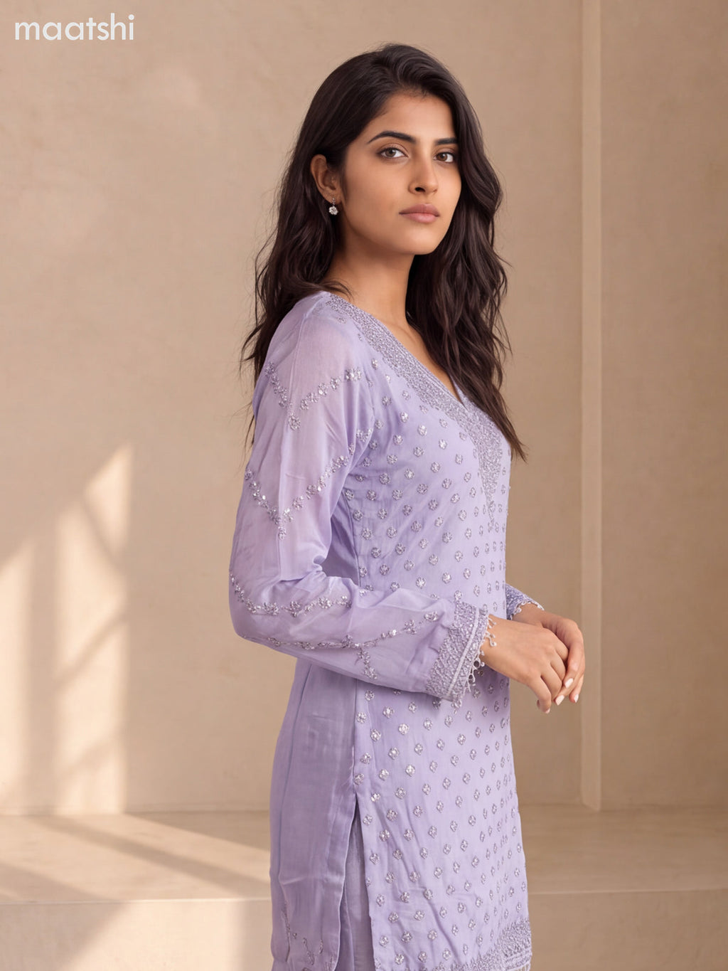 Lavender Shade Art Silk Elegant Heavy Embroidery Work Short Straight Suit