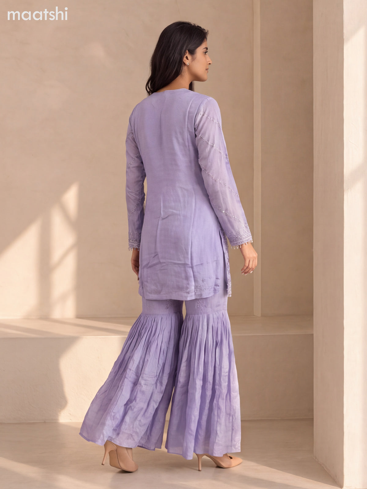 Lavender Shade Art Silk Elegant Heavy Embroidery Work Short Straight Suit