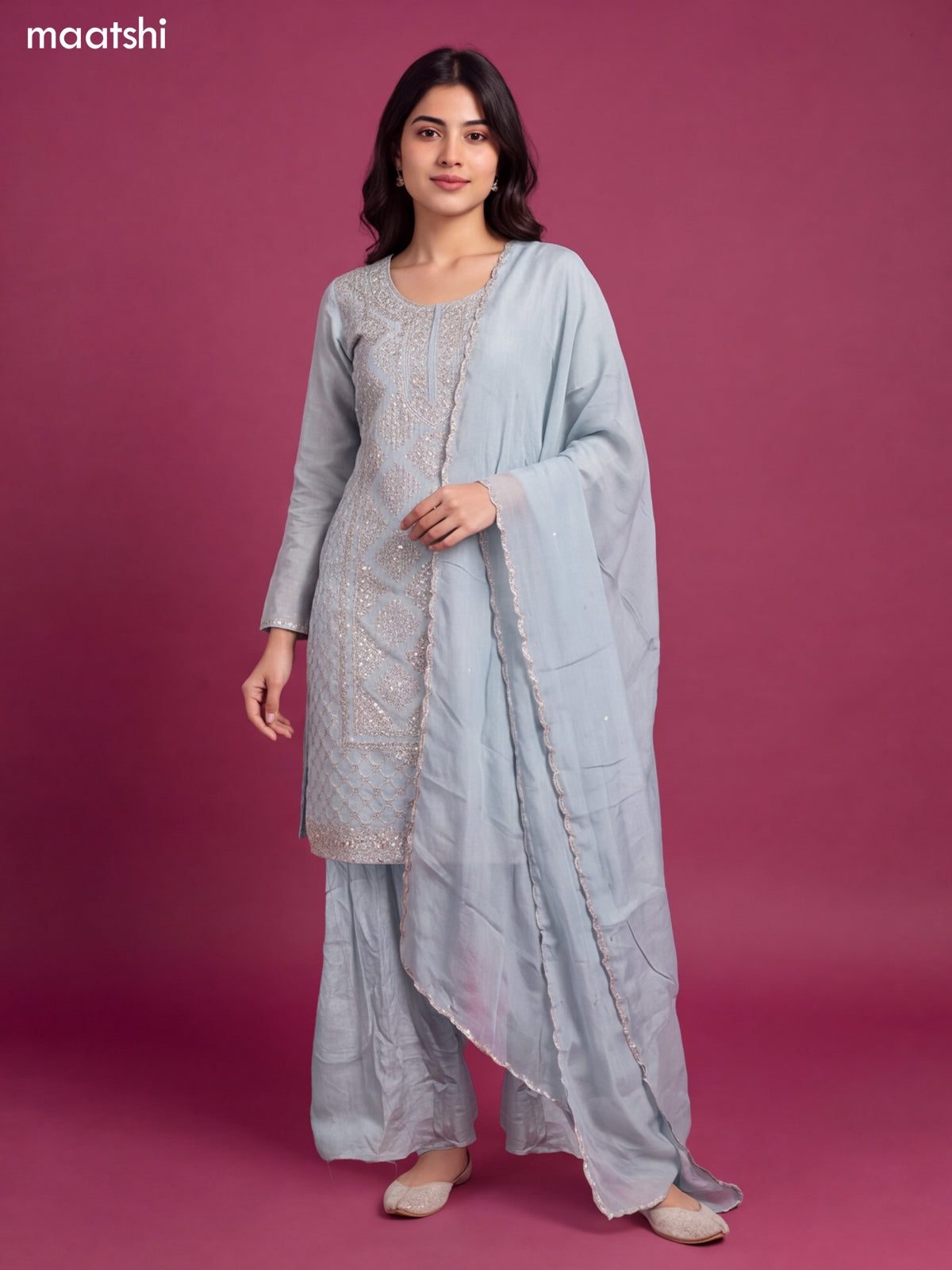 Pastel Blue Tissue Heavy Embroidery Work Straight Suit