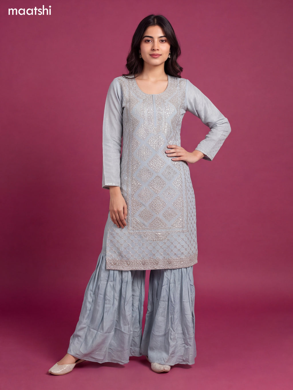 Pastel Blue Tissue Heavy Embroidery Work Straight Suit