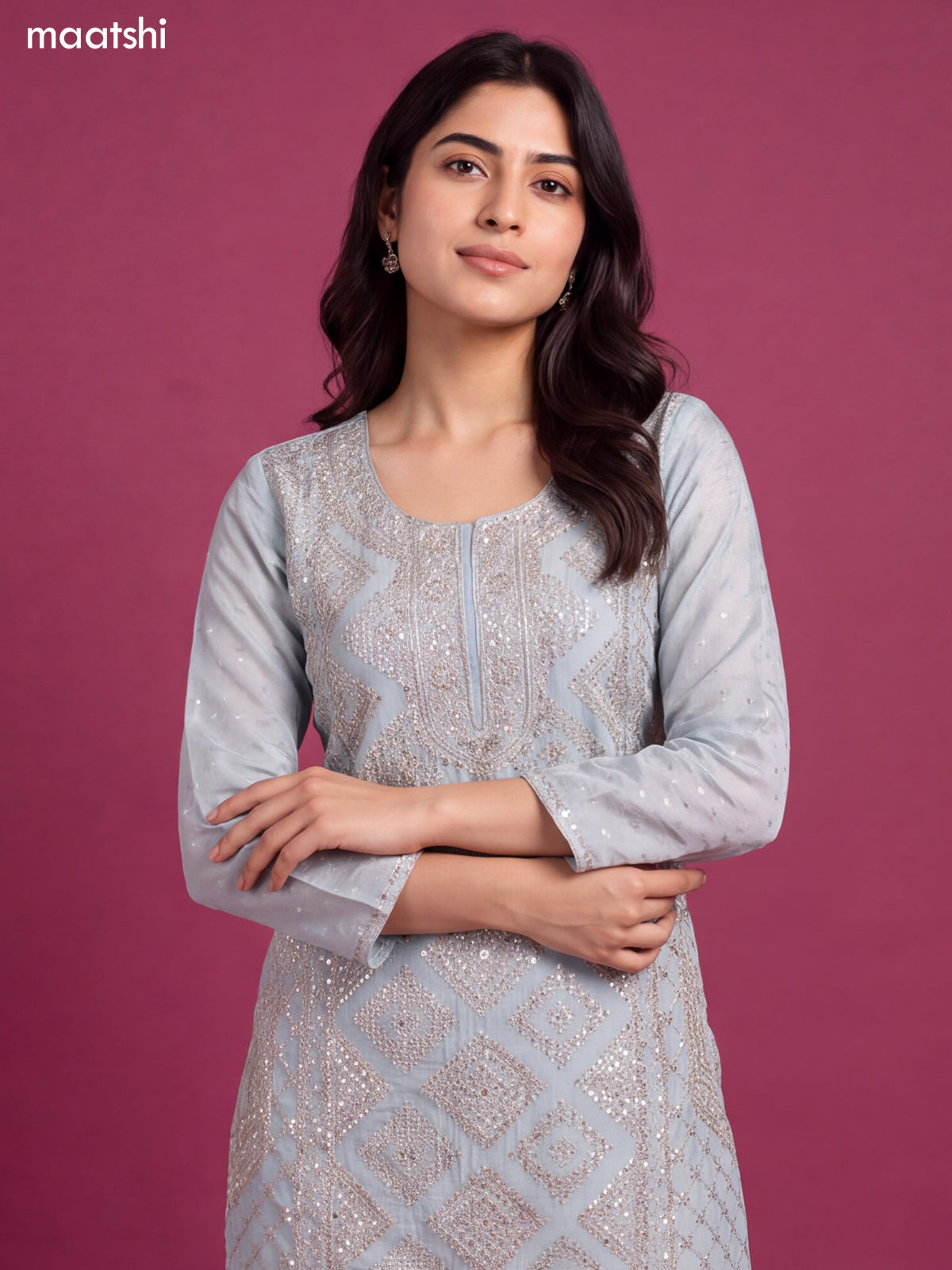 Pastel Blue Tissue Heavy Embroidery Work Straight Suit
