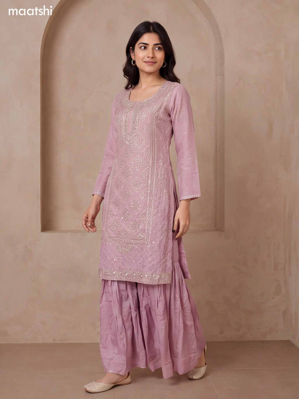 Lavender Tissue Heavy Embroidery Work Straight Suit