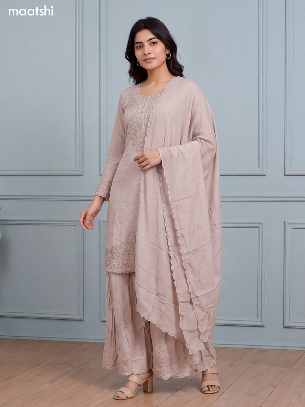 Biege Silk Elegant Heavy Embroidery Work Straight Suit